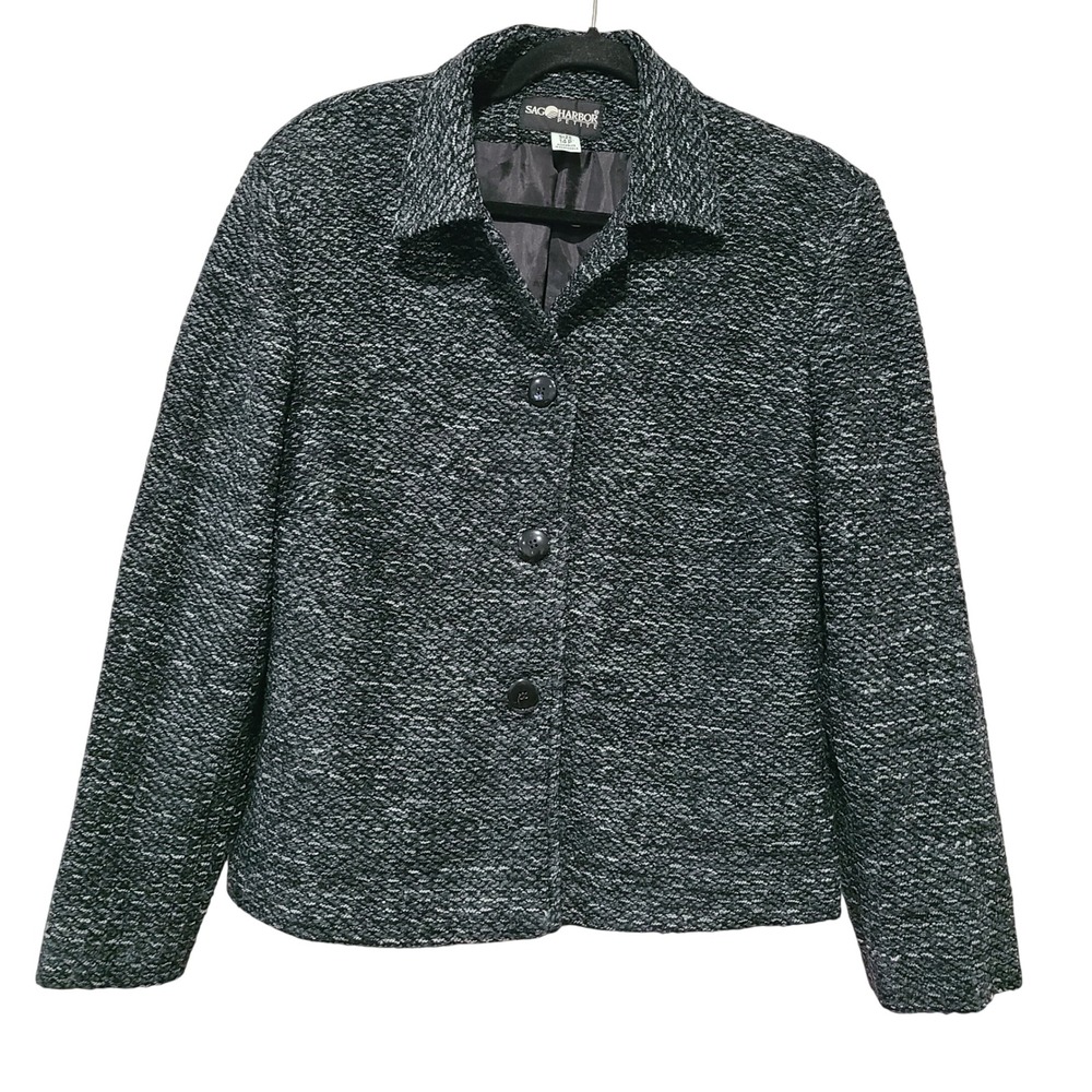 Sag Harbor Petite Women 14P Blazer Jacket Tweed Salt and Pepper 3 Button Grey